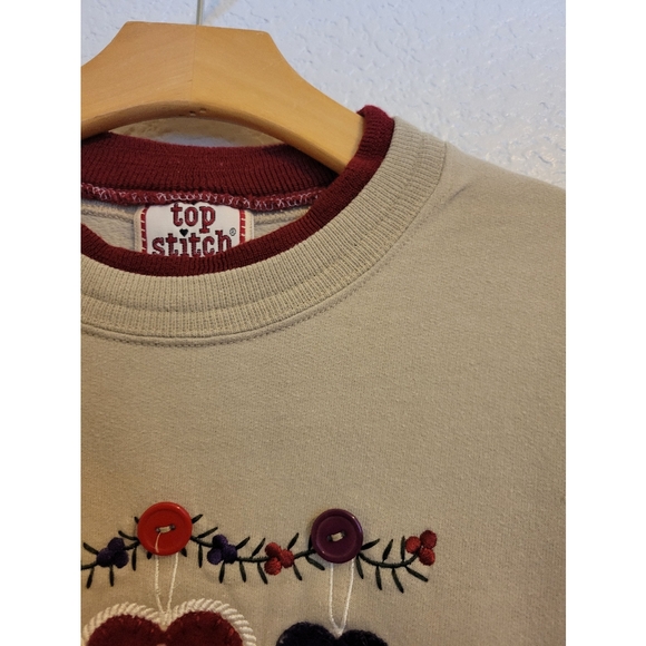 VNT unisex embroidered tan and red sweater top stitch size large with sewn butto - Picture 3 of 7